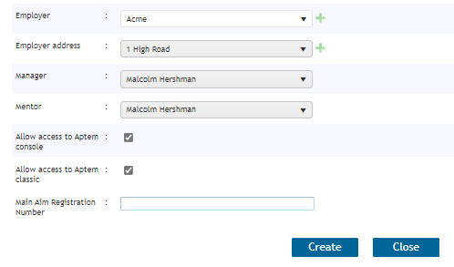 Learner creation form showing the employer field with a green + button