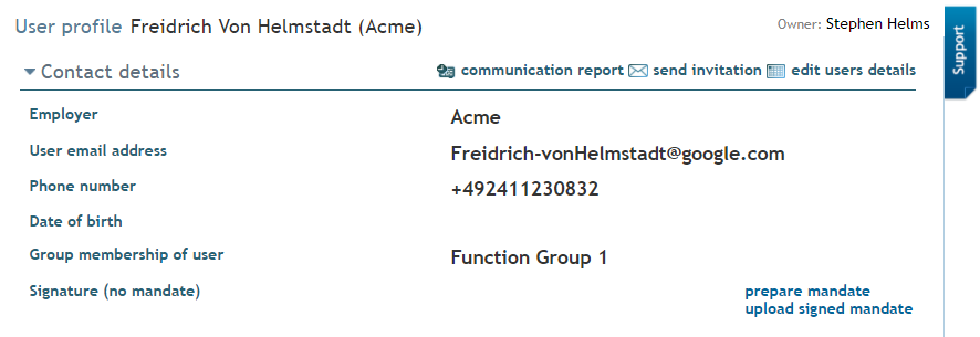 Employer profile page showing contact details and account options