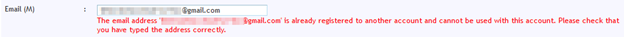 Email field showing a duplicate email validation message