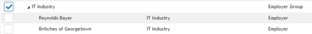 Employer Group grid showing access to nested organisations via a parent group