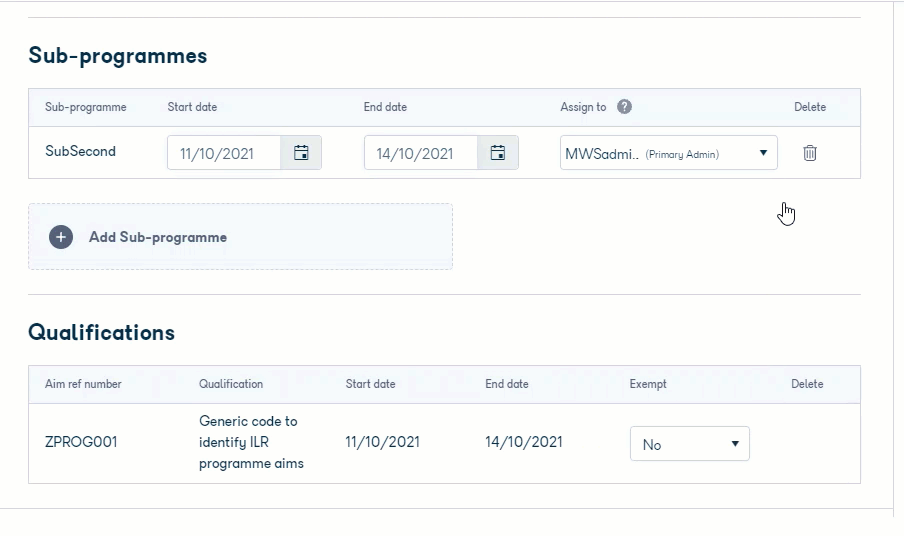 Assigning a sub-programme to a tutor