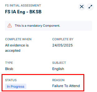 Activity details showing the retained Not Completed reason after status is reverted