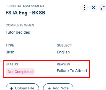 Activity details panel showing Not Completed status and reason