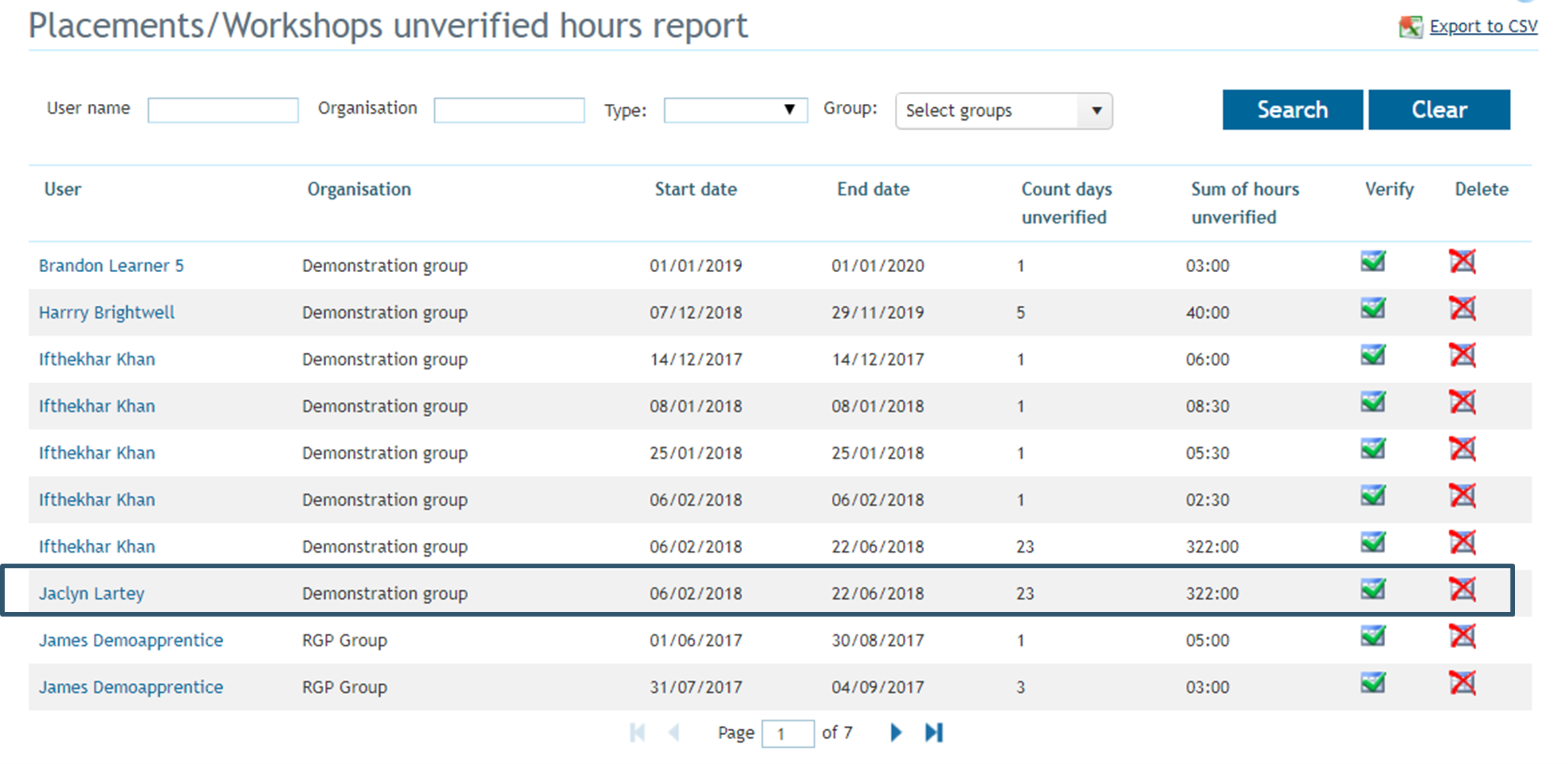 Unverified hours report showing learner names, organisation, dates, and hours to verify