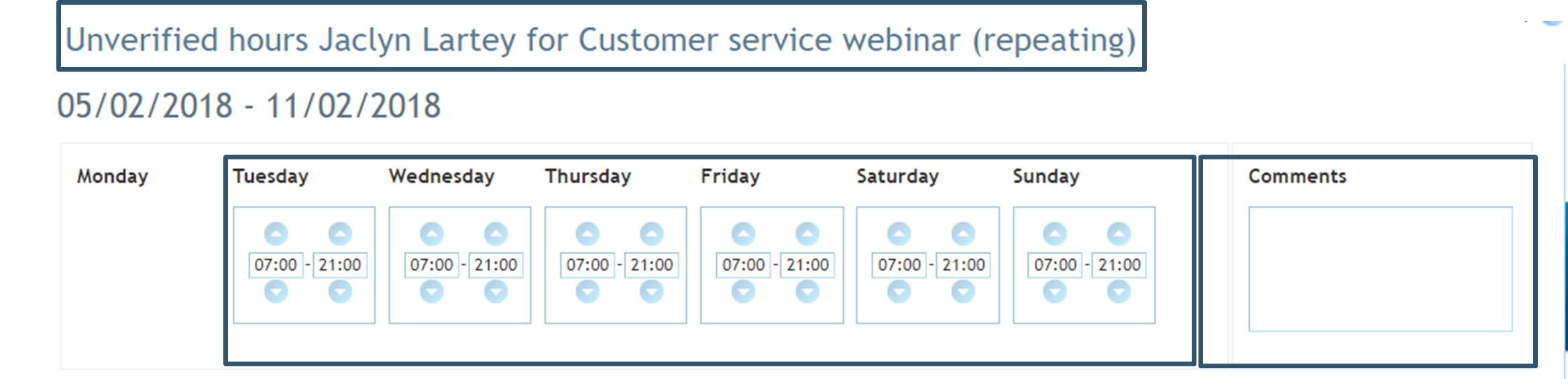 Hour verification screen showing time adjustment arrows and comments field