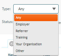 Organisation search box with type filter dropdown