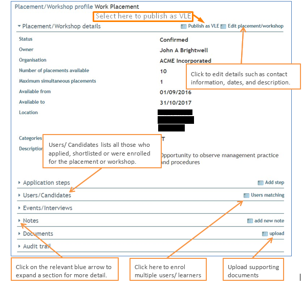 Placement or workshop profile page showing all details