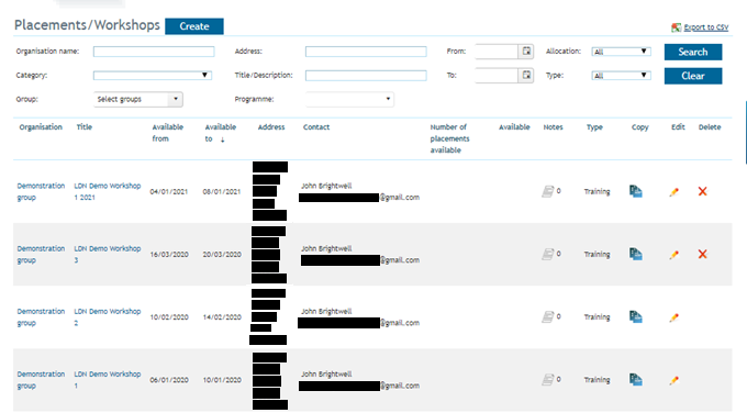 Placements/Workshops page showing search filters