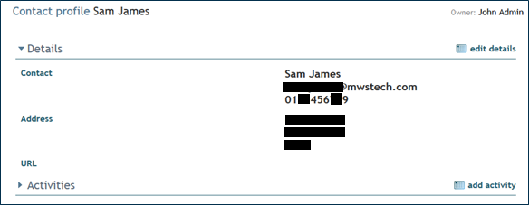 Add activity form showing date, time, type, and comments fields