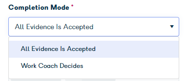 Completion mode field showing All Evidence Accepted and Tutor Decides options
