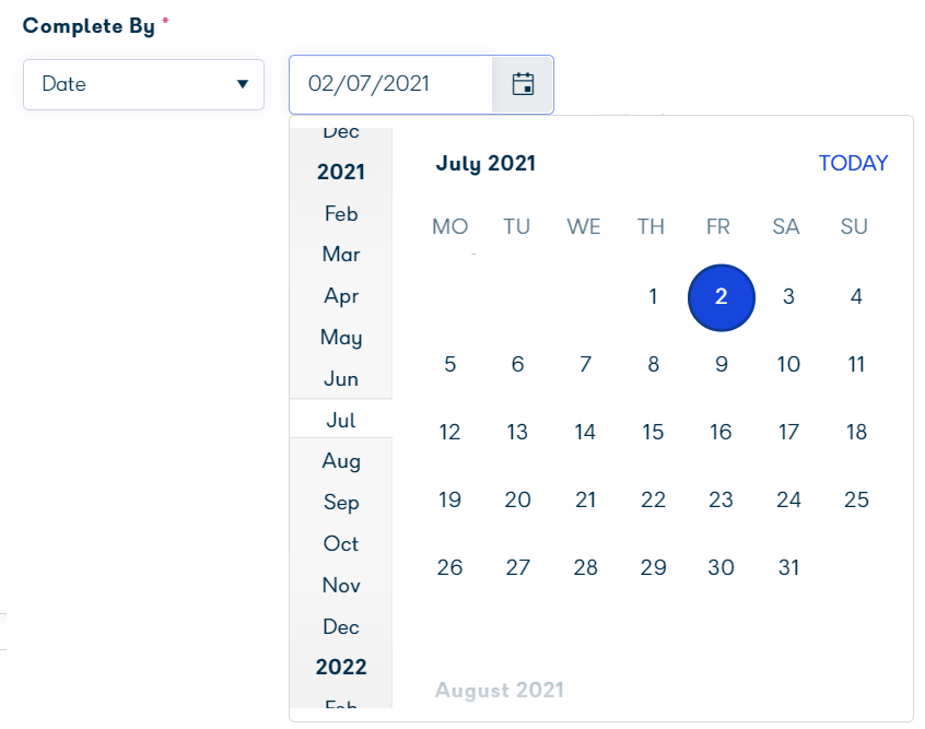 Complete by date option selected