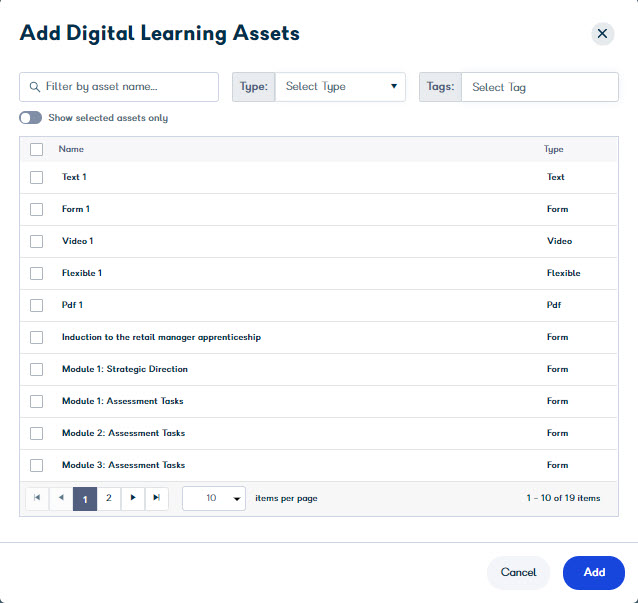 Add Assets button on the digital learning activity form