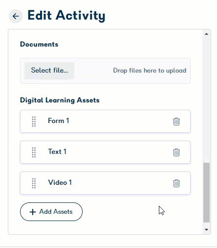 Digital learning assets reordered by dragging and dropping
