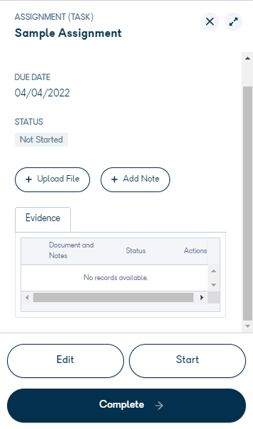 Activity details panel showing the Complete button