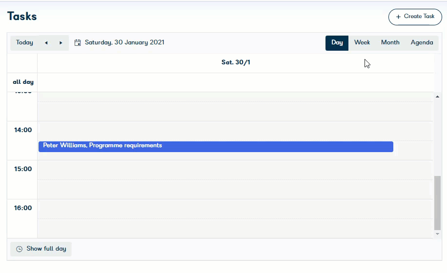 Tasks screen showing calendar view with Day, Week, Month, and Agenda options