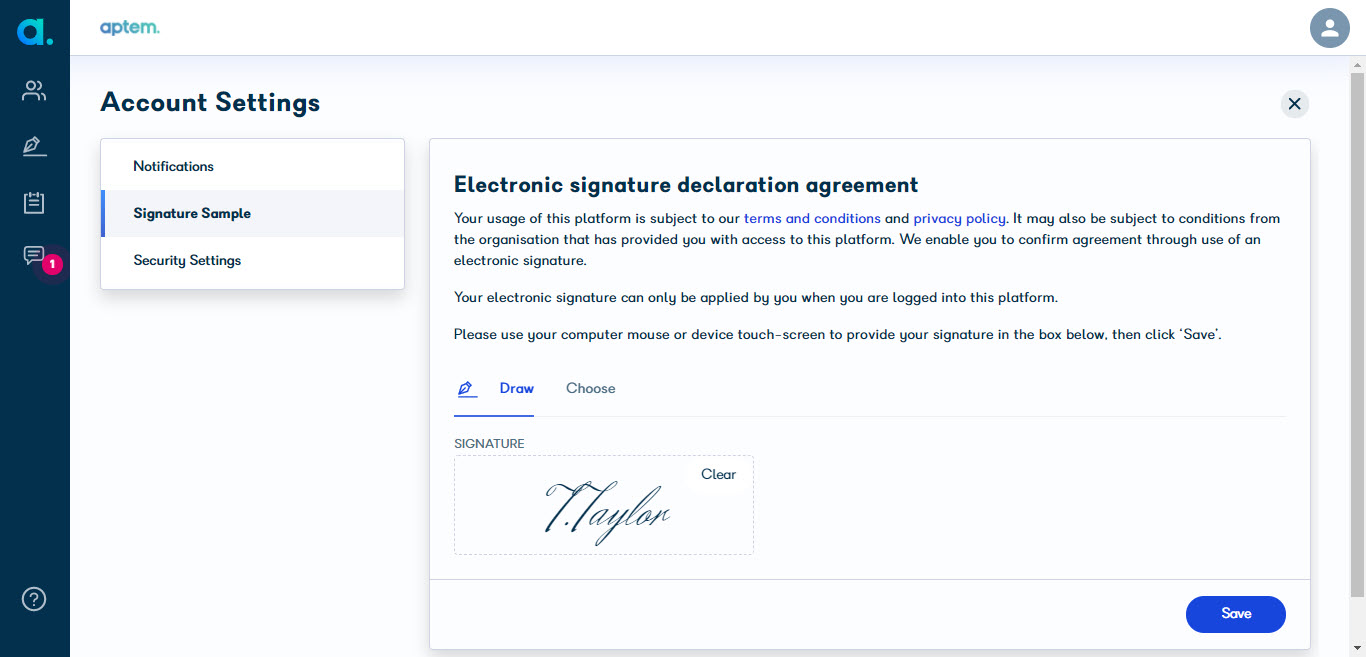Signature sample option in account settings
