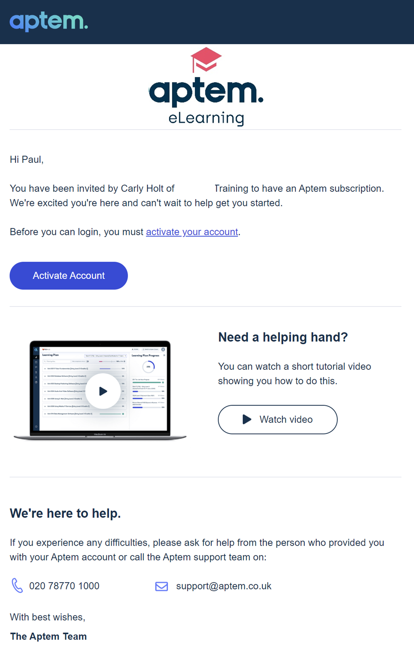 Aptem account activation invitation email