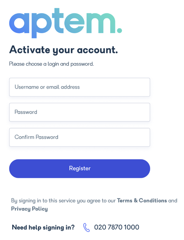 Activation screen prompting you to choose a username and password