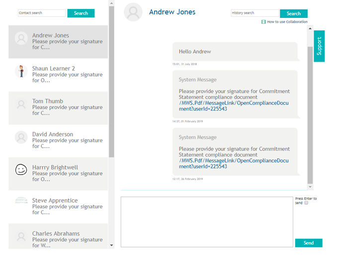Collaboration Centre showing contact list and message thread