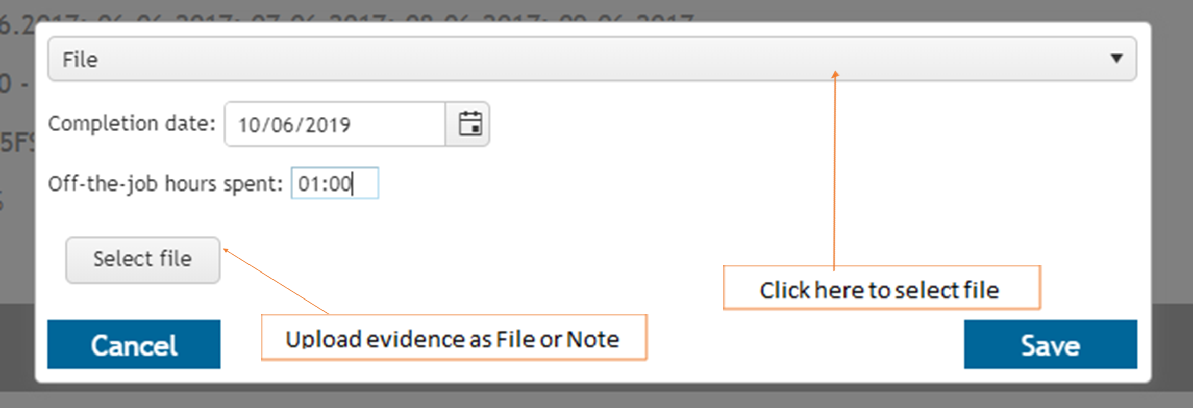 Upload file or add note options on a learning plan component