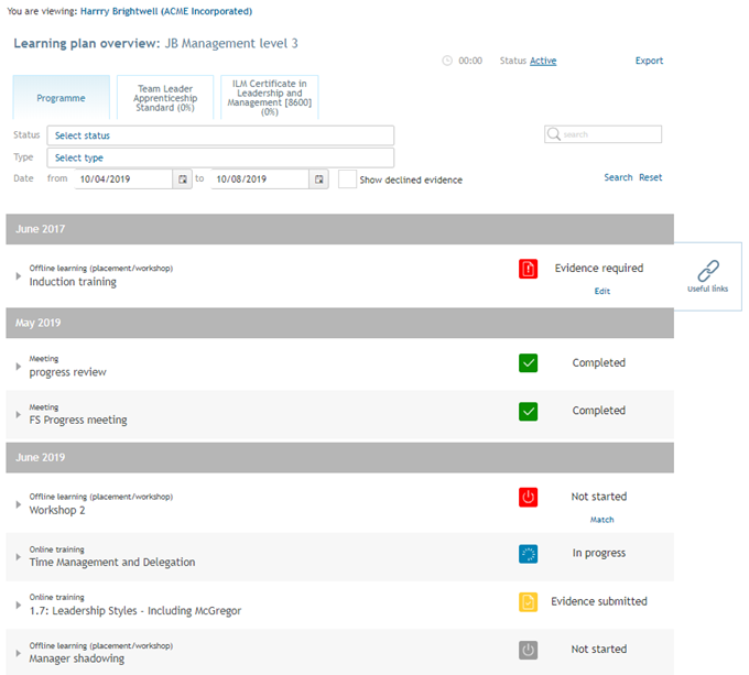 Learning plan overview showing progress against programme components