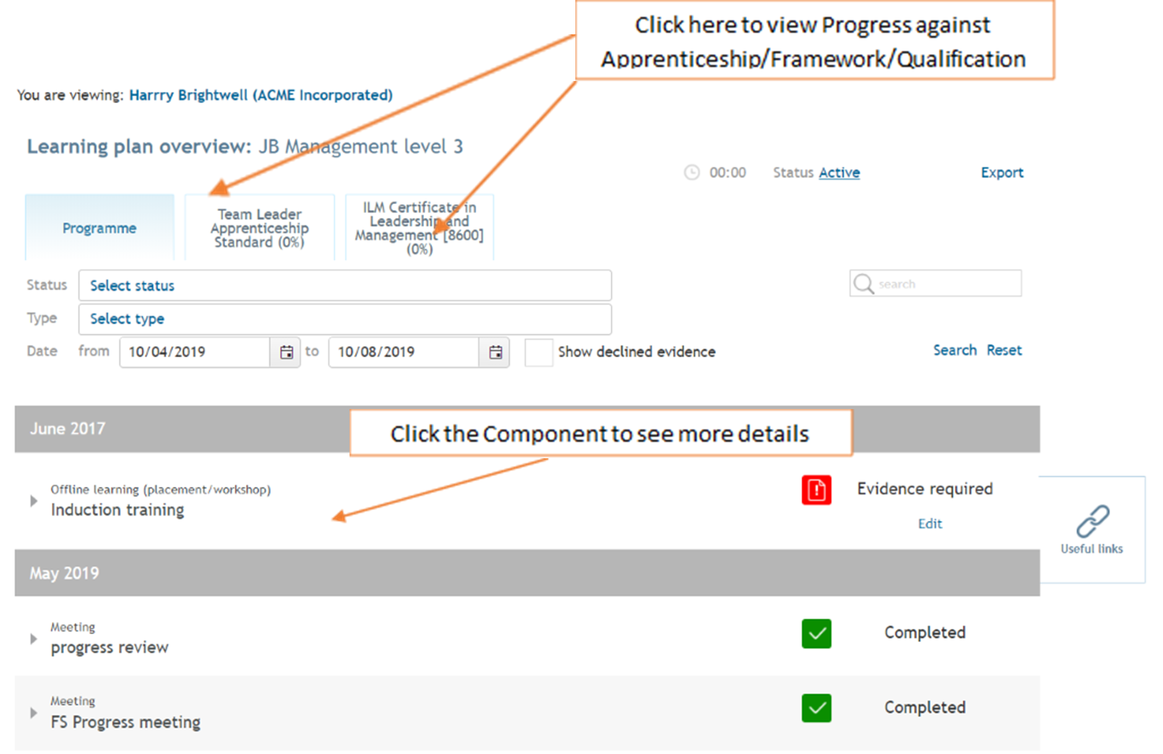 Learning plan showing expanded component with evidence upload option