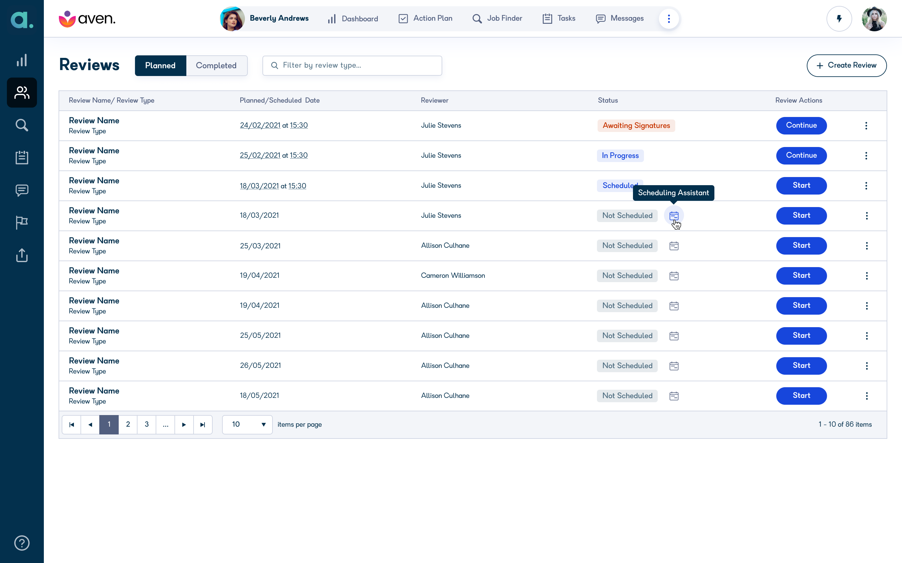 Reviews screen showing the Scheduling Assistant icon in the Status column