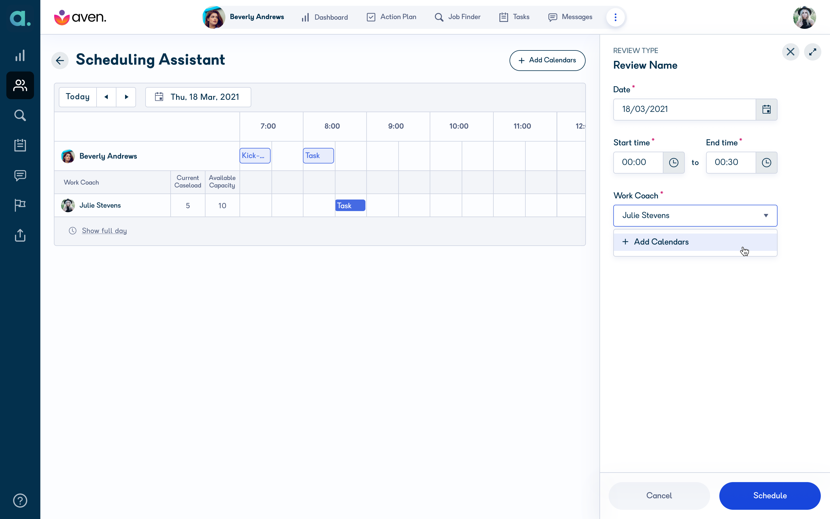 Work coach dropdown with Add calendar option highlighted
