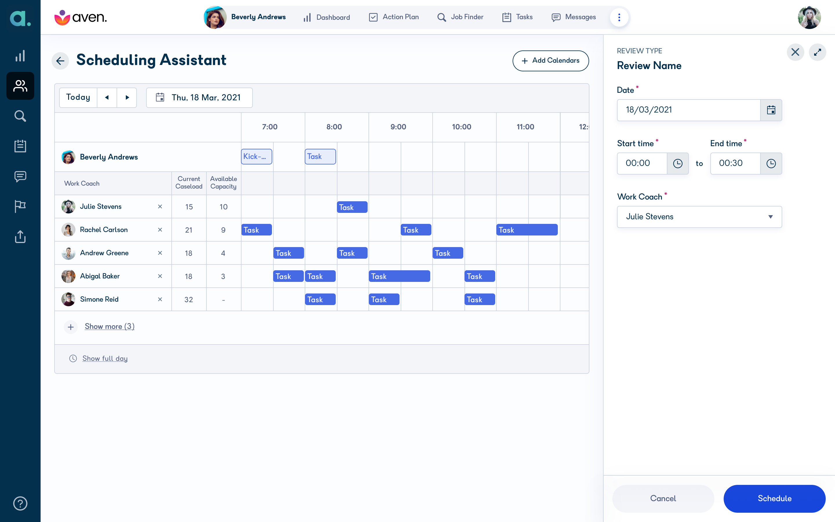 Shared diary view with a time slot selected and confirmation panel on the right