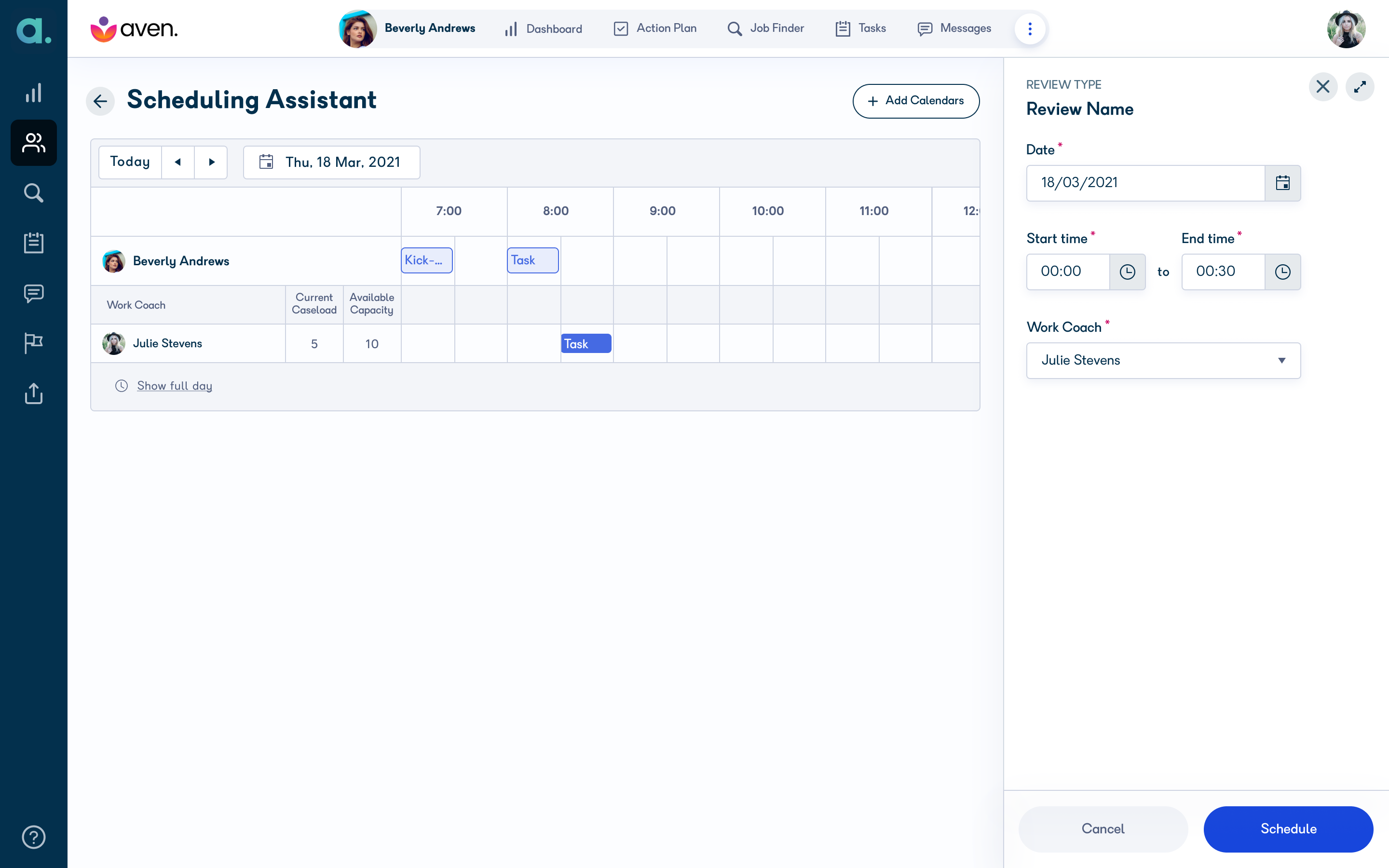 Scheduling Assistant screen showing participant and work coach calendars side by side
