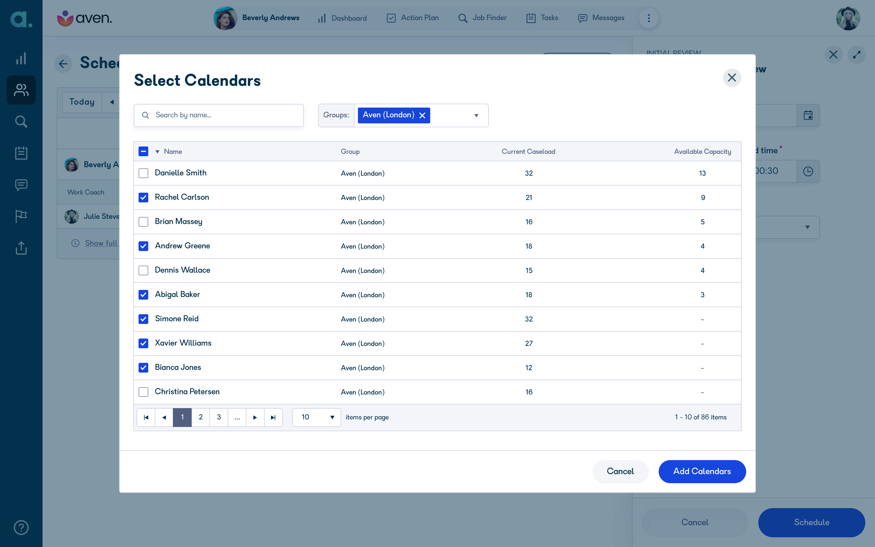 Select Calendars screen showing work coaches with caseload and capacity information