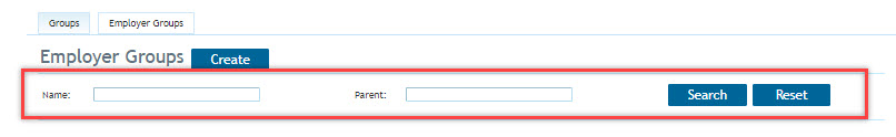 Employer group search fields showing name and parent search options