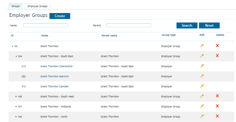 Employer groups grid showing list of groups with expand/collapse hierarchy controls