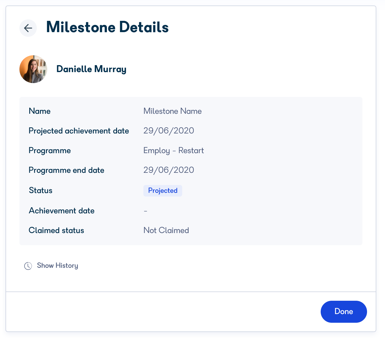 Milestone details screen showing read-only fields