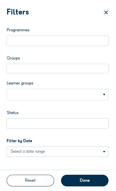 Detailed filters panel showing Programme, Groups, Employer Groups, Status, and Date options