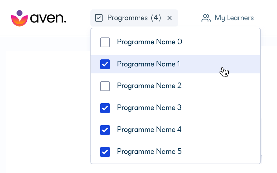 Programmes and My Learners quick filters above the caseload grid