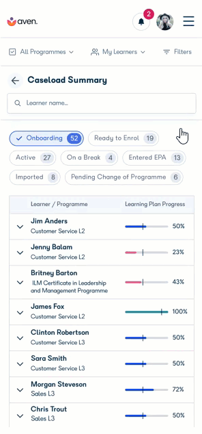 Detailed view of a learner row expanded on a mobile device