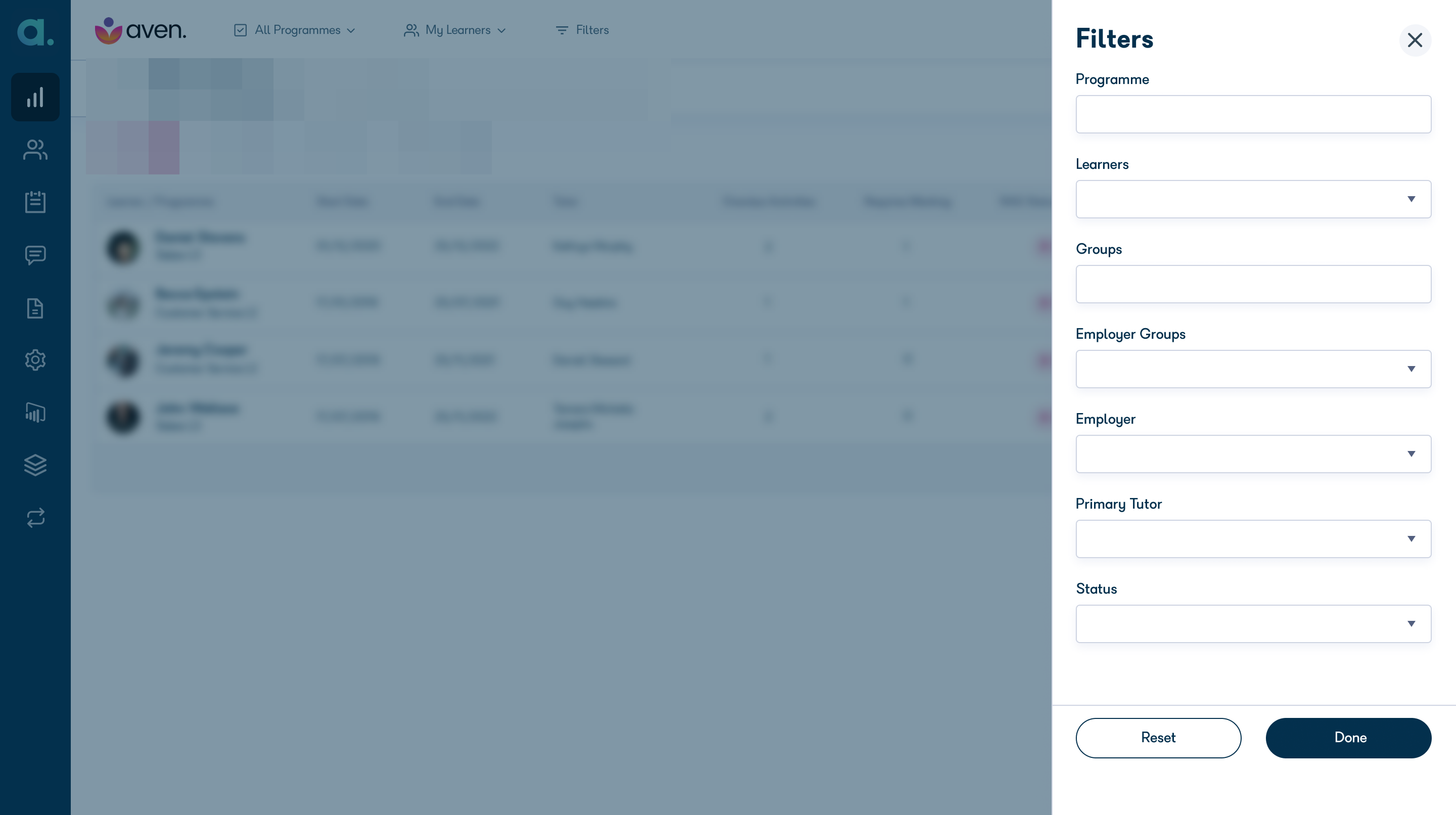 Filters pane showing Programme, Learners, Groups, Employer and Status filters