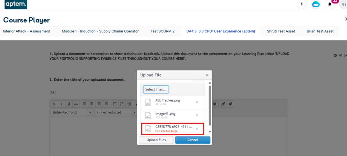 File size too large validation message when uploading evidence within a Digital Learning component