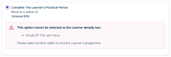 Completion of programme Tracker showing the completed practical period option