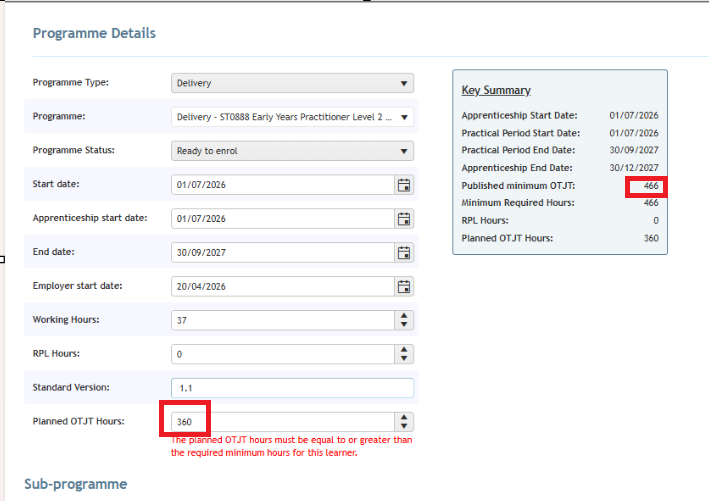 Error message showing planned OTJT hours below the minimum OTJ hours