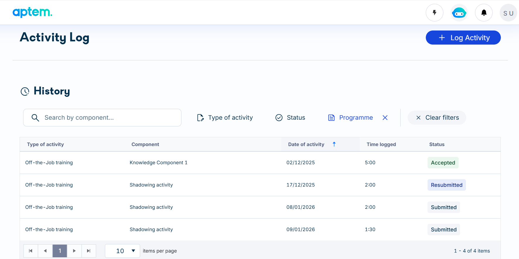 Activity log history page listing logged entries with activity type, learning plan component, date, duration and status columns.