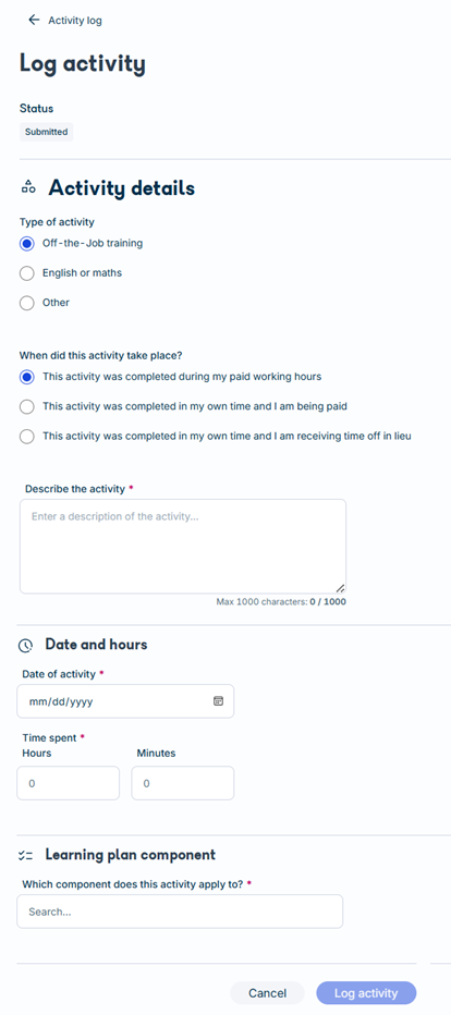 Log activity form showing activity type, when the activity took place, description, date, time spent and learning plan component fields
