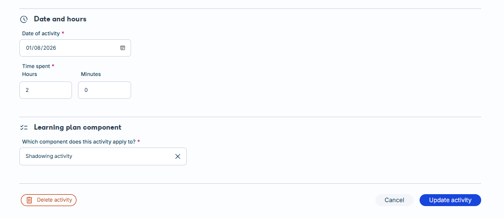 Open activity entry with editable fields and the Update activity and Delete activity buttons.
