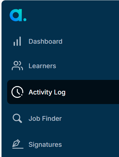 Left-hand navigation on the tutor home page with the Activity log control highlighted.