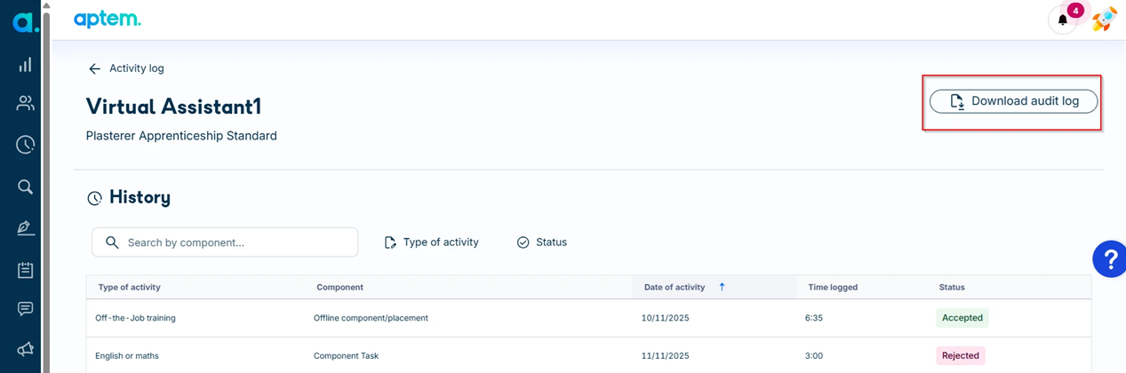 Learner activity history screen with the Download audit log button highlighted.