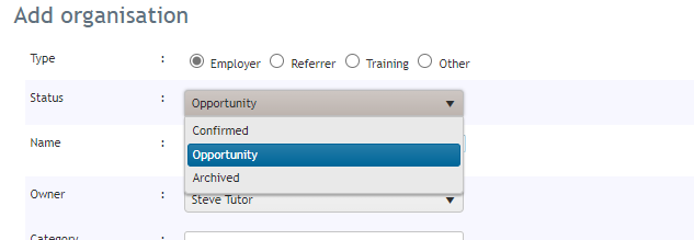 Add organisation screen showing type and status options