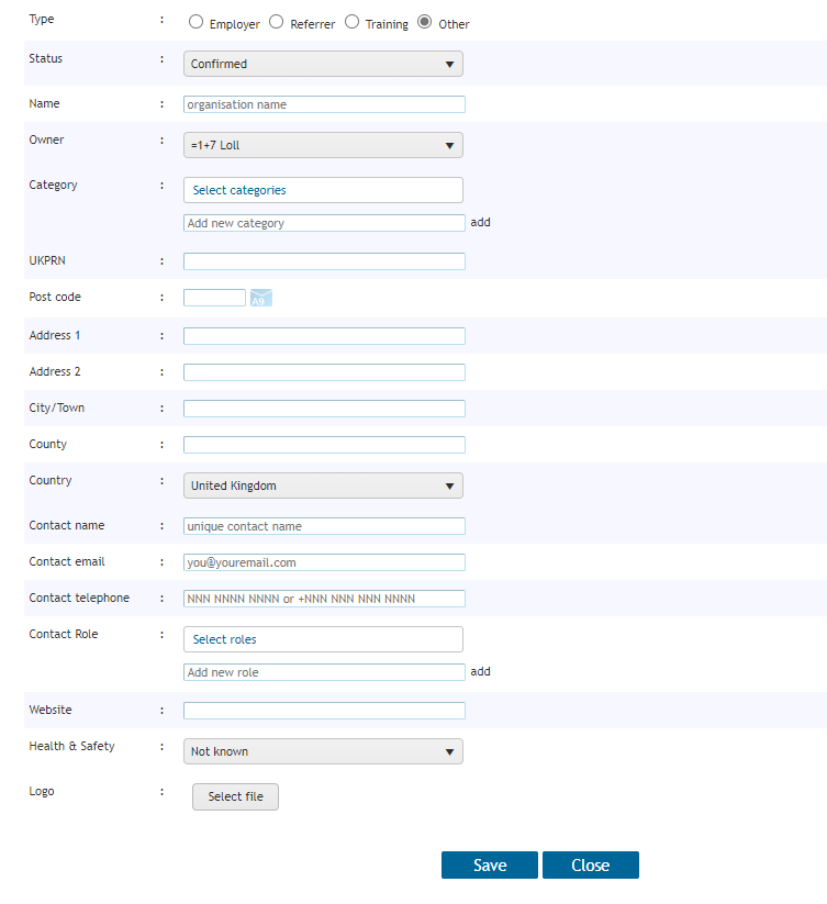 Add other organisation form