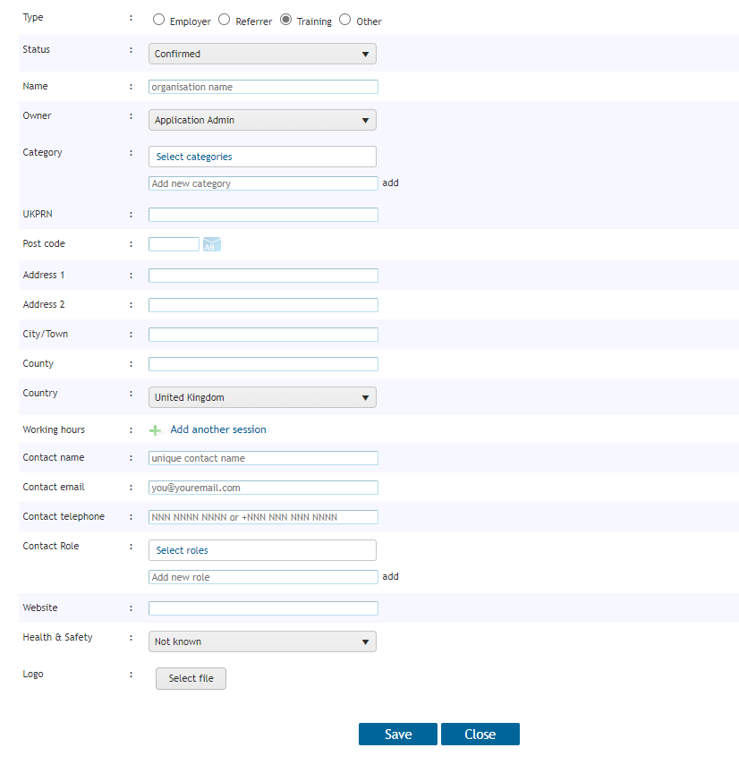 Add training organisation form