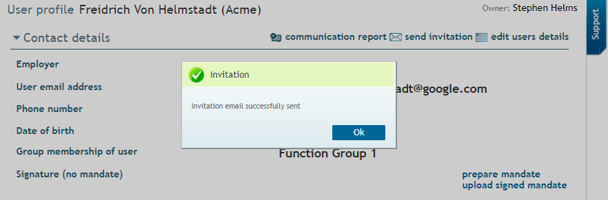 Confirmation message showing the invitation email was sent successfully